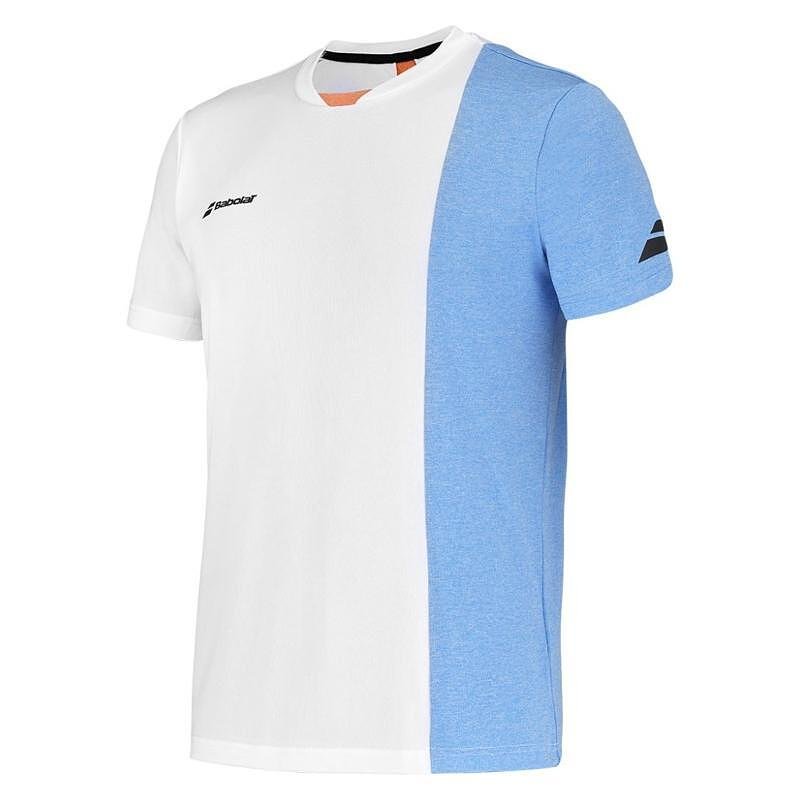 Мъжка тениска Babolat PLAY CREW - white, blue, стилна и дишаща за тенис и тенис екипировка