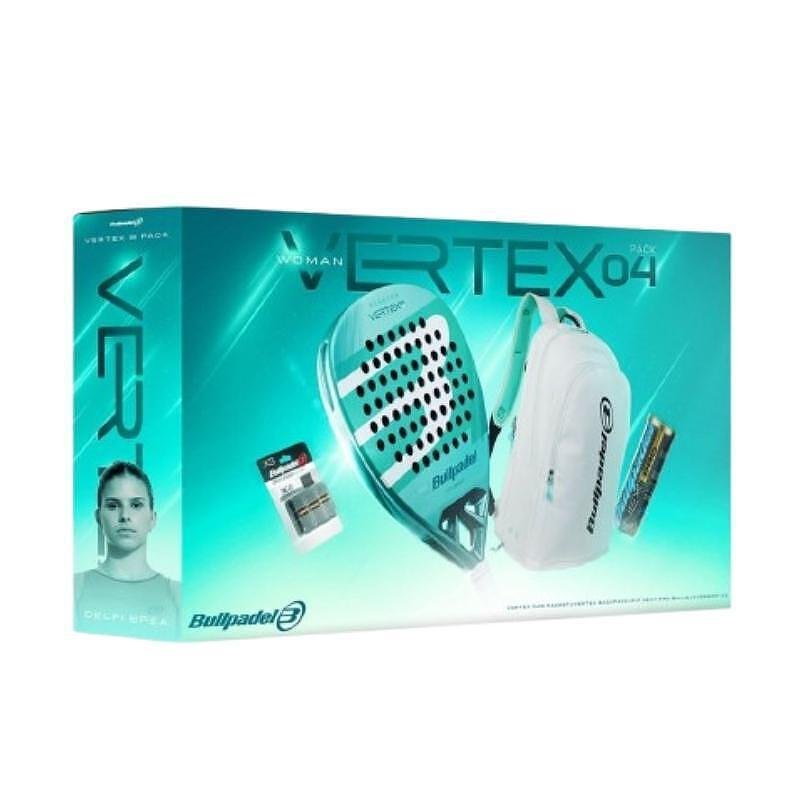 Подаръчен комплект Bullpadel Vertex 04 Woman Pack, включващ ракета Vertex 04 Woman, раница Vertex, оувъргрип и топки NEXT PRO – идеален избор за падел играчи.