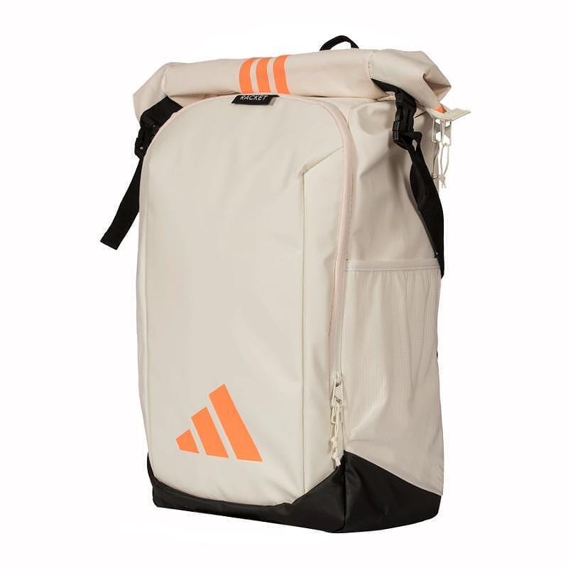Rucsac adidas Backpack Multigame Off White 2026 pentru padel, alb cu accente portocalii, cu compartiment principal roll-top și compartiment termoizolat pentru rachete