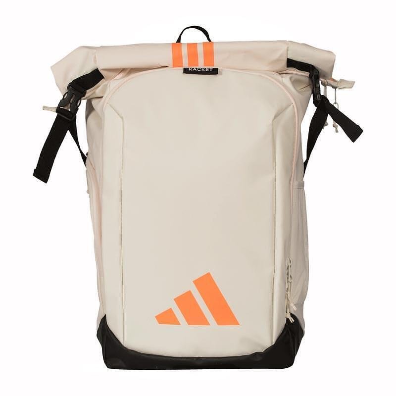 Rucsac adidas Backpack Multigame Off White 2026 pentru padel, alb cu accente portocalii, cu compartiment principal roll-top și compartiment termoizolat pentru rachete