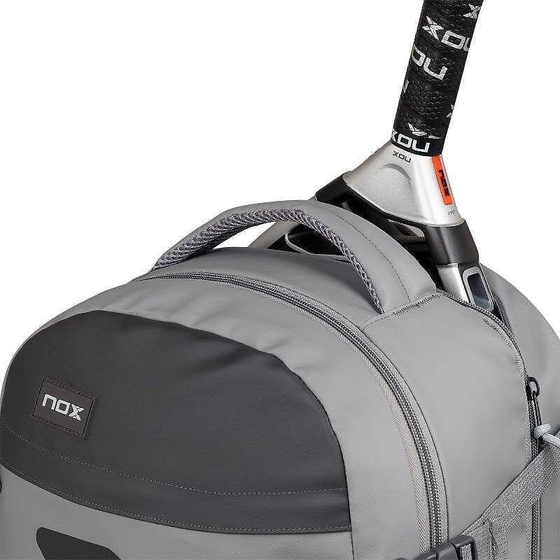 Padel backpack NOX TEAM AT10 Agustin Tapia – grey sports backpack with compartments for a racket, shoes and accessories, with an ergonomic and modern design.