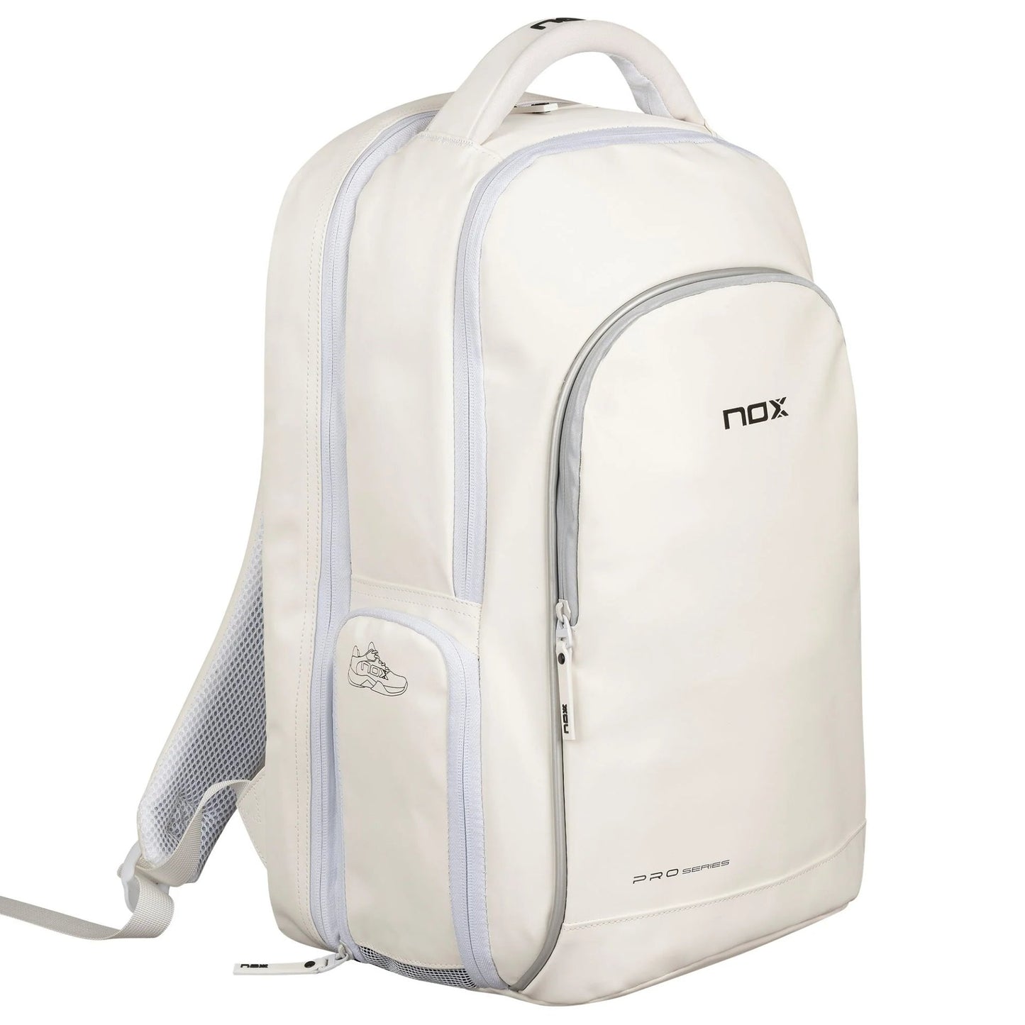 Padel backpack NOX Pro Series white – a white sports backpack with compartments for a laptop, racket, shoes, and accessories, with an ergonomic and stylish design.