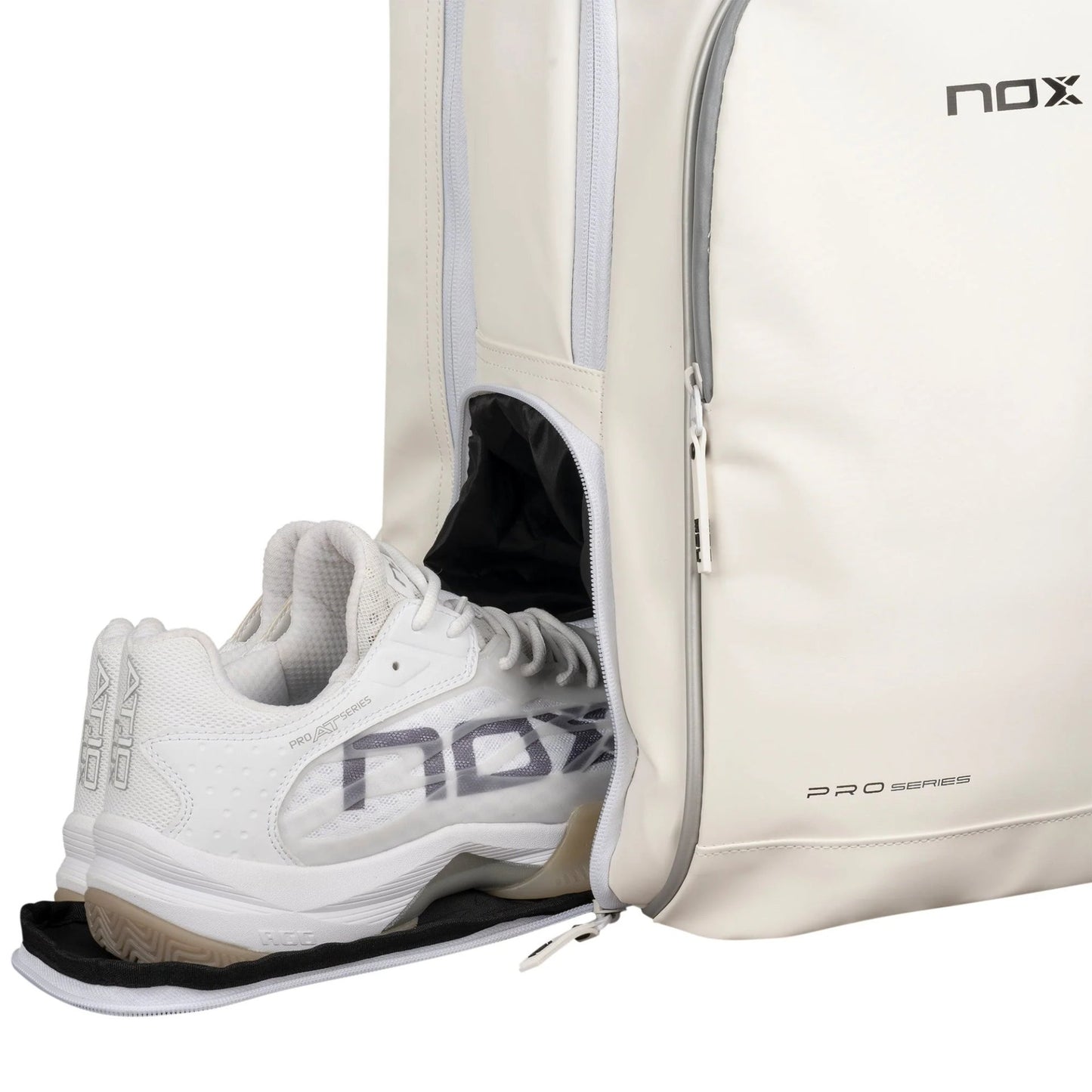 Padel backpack NOX Pro Series white – a white sports backpack with compartments for a laptop, racket, shoes, and accessories, with an ergonomic and stylish design.