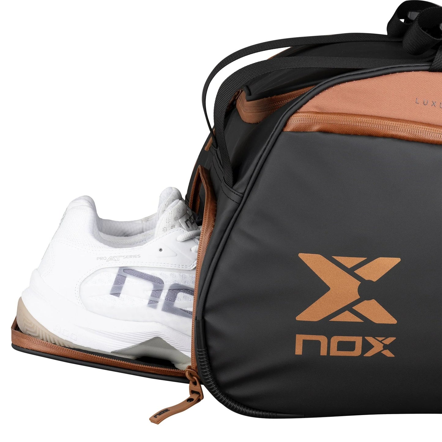 NOX LUXURY padel bag in black and brown - sports bag with thermal compartment, shoe compartments and accessory compartments, stylish and durable design.