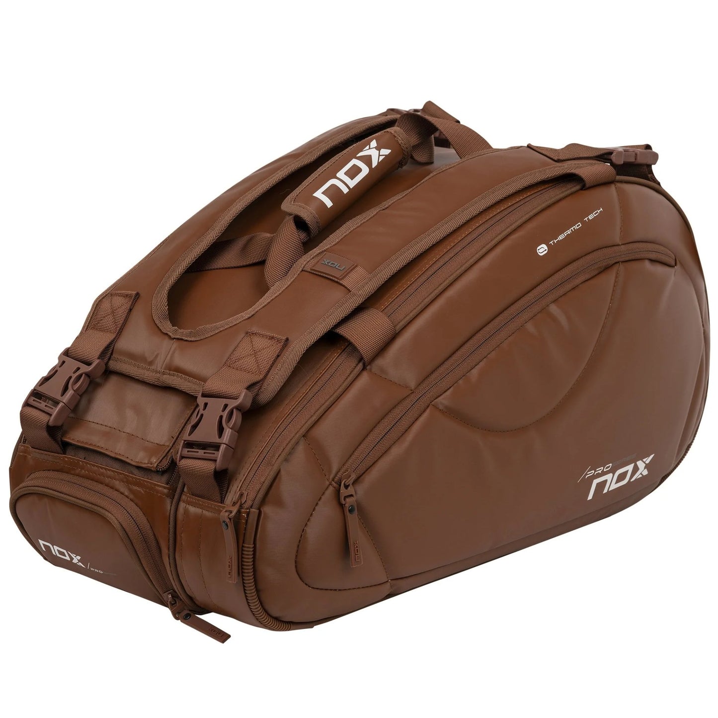NOX Pro Series Brown padel bag – a stylish sports bag in brown with a thermal compartment, shoe compartment, and space for up to 3 padel rackets.