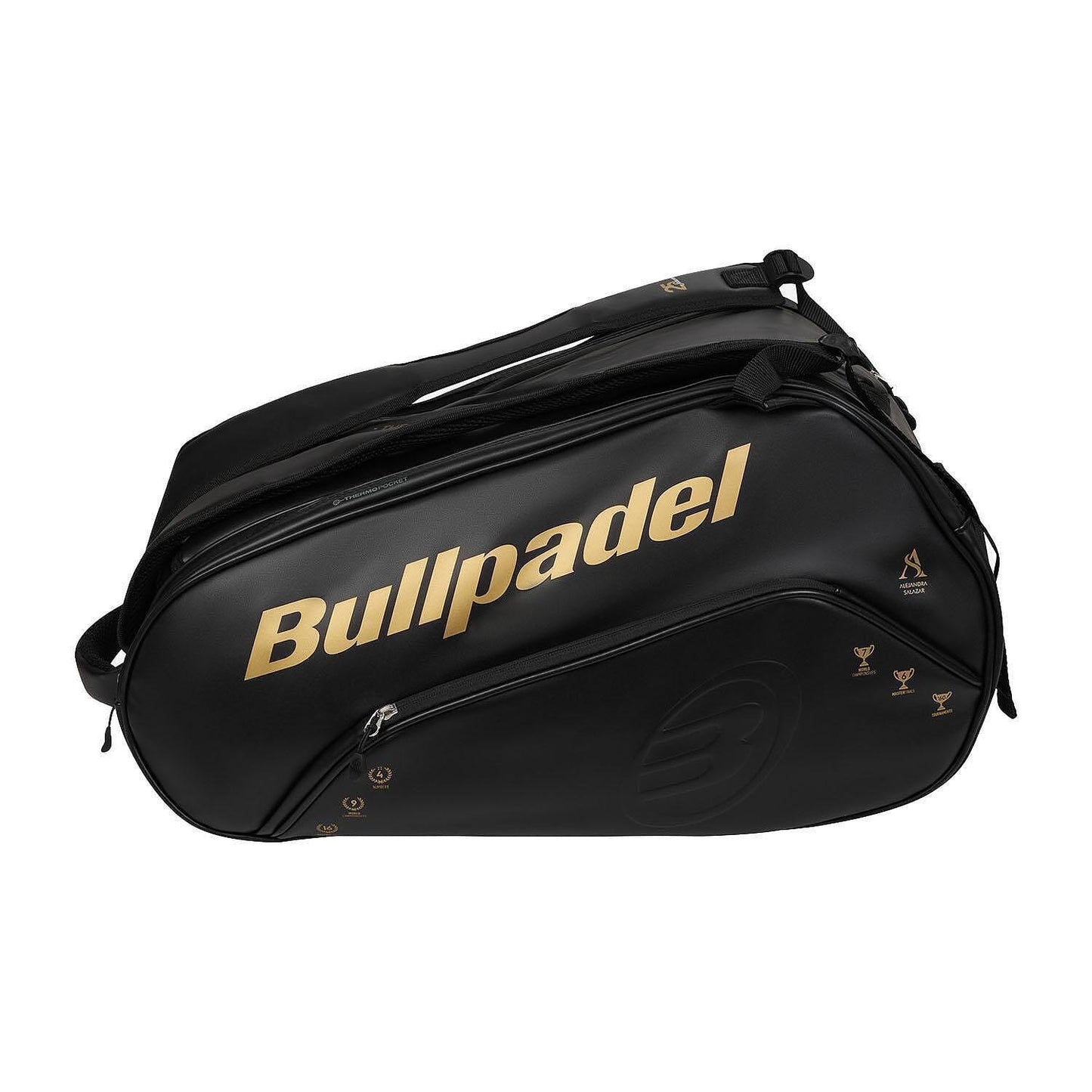 Bullpadel Flow Legend padel backpack in black, with thermal-insulated racket compartments, a side shoe pocket, and Alejandra Salazar's signature