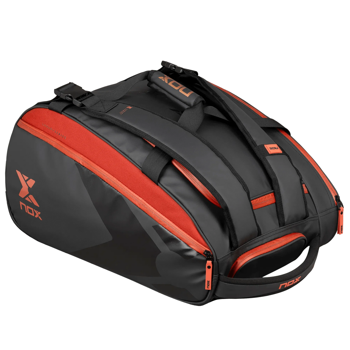 NOX LUXURY padel bag – black and red sports bag with thermal compartment, shoe and accessory compartments, stylish and durable design.