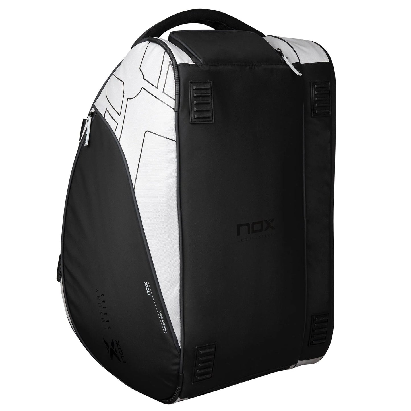 NOX LUXURY MASTER padel bag in black and white – sports bag with a thermal compartment, a ventilated shoe compartment, and room for up to 3 padel rackets.