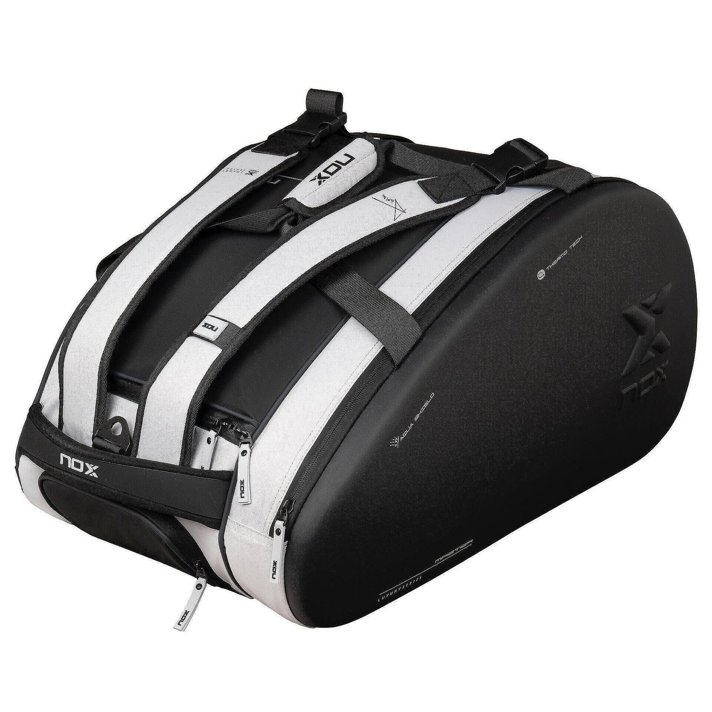 NOX LUXURY MASTER padel thermal bag in black and white – sports bag with a thermal compartment, a ventilated shoe compartment, and room for up to 3 padel rackets.