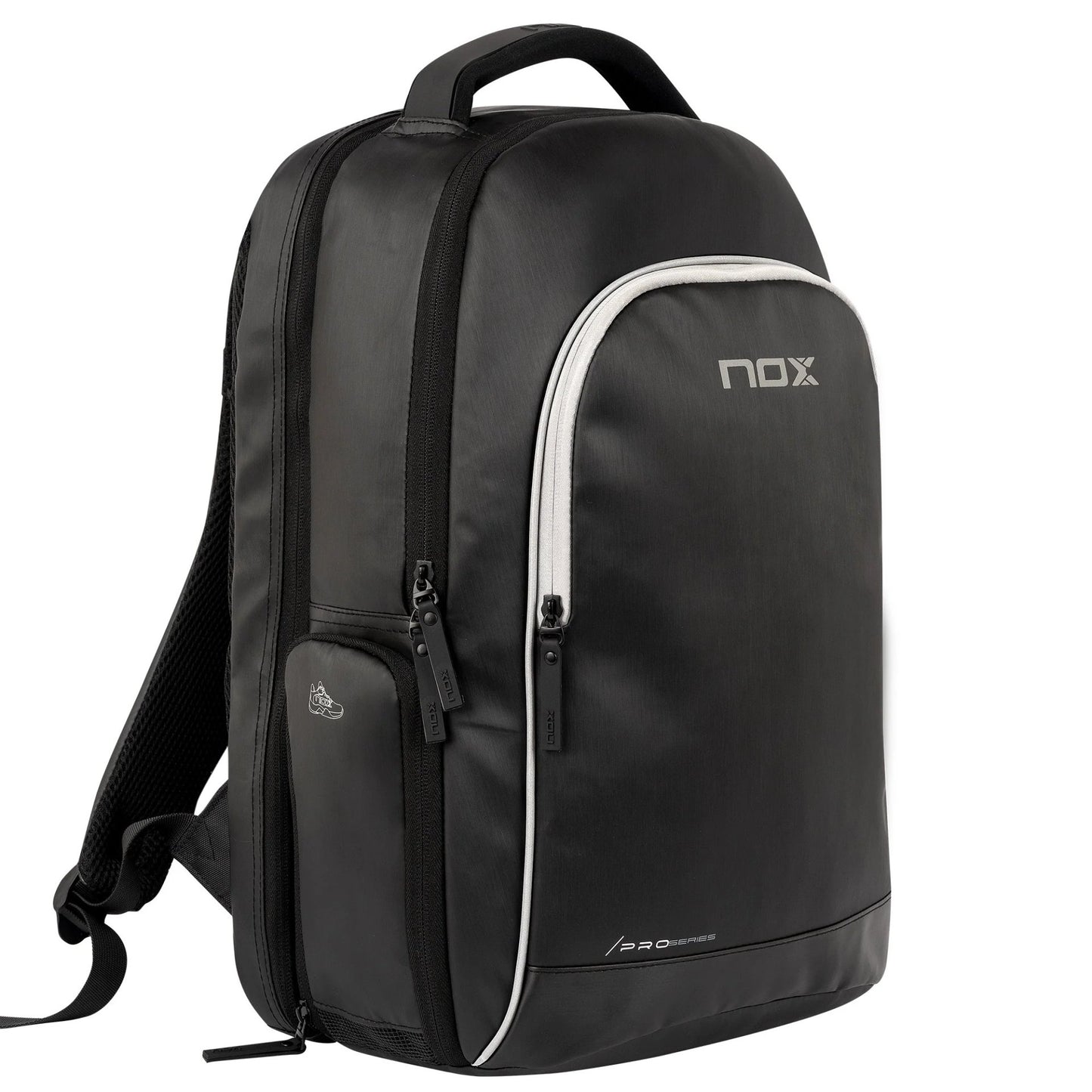 NOX Pro Series padel backpack – black sports backpack with compartments for a laptop, racket, shoes and accessories, with an ergonomic and stylish design.