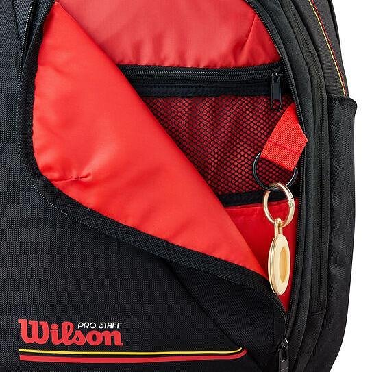 Wilson Pro Staff Classic backpack with a red inner pocket, zipper, and keychain for tennis gear