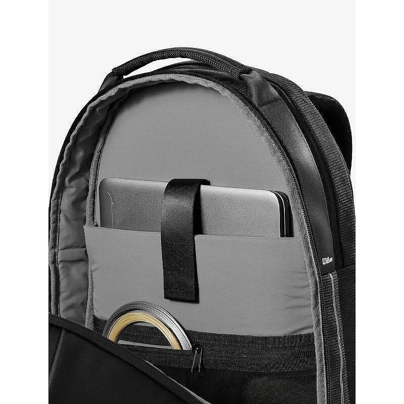 Wilson RF Roger Federer backpack with a laptop compartment and accessories, a stylish Wilson tennis backpack for travel.