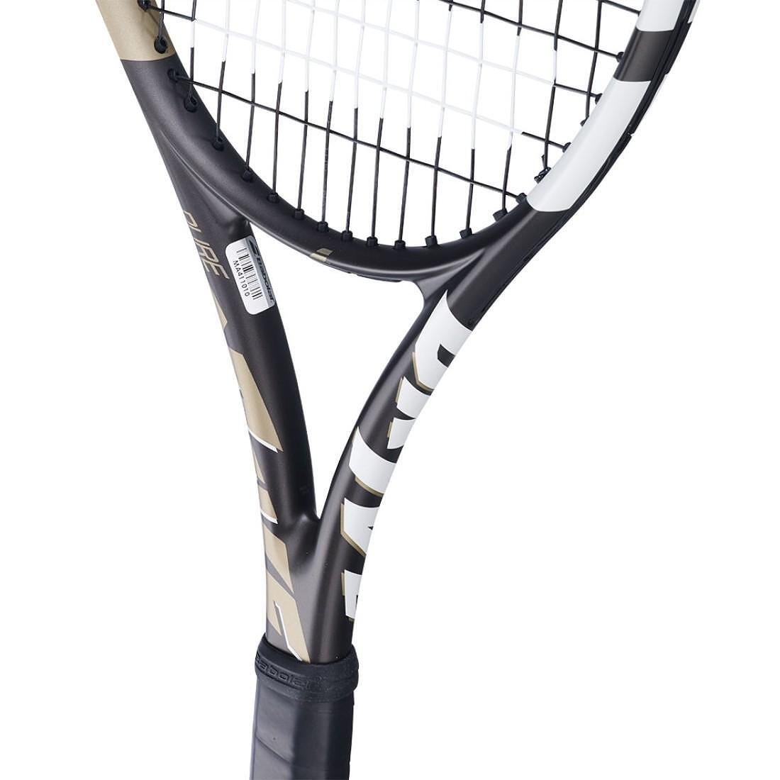 Babolat Pure Drive Wimbledon Gen11 tennis racket, a stylish black-and-gold tennis racket for power and control
