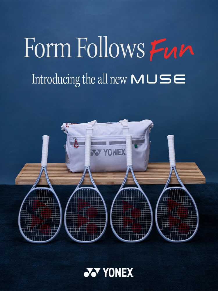Yonex Muse series with tennis rackets and a sports bag in a promo banner